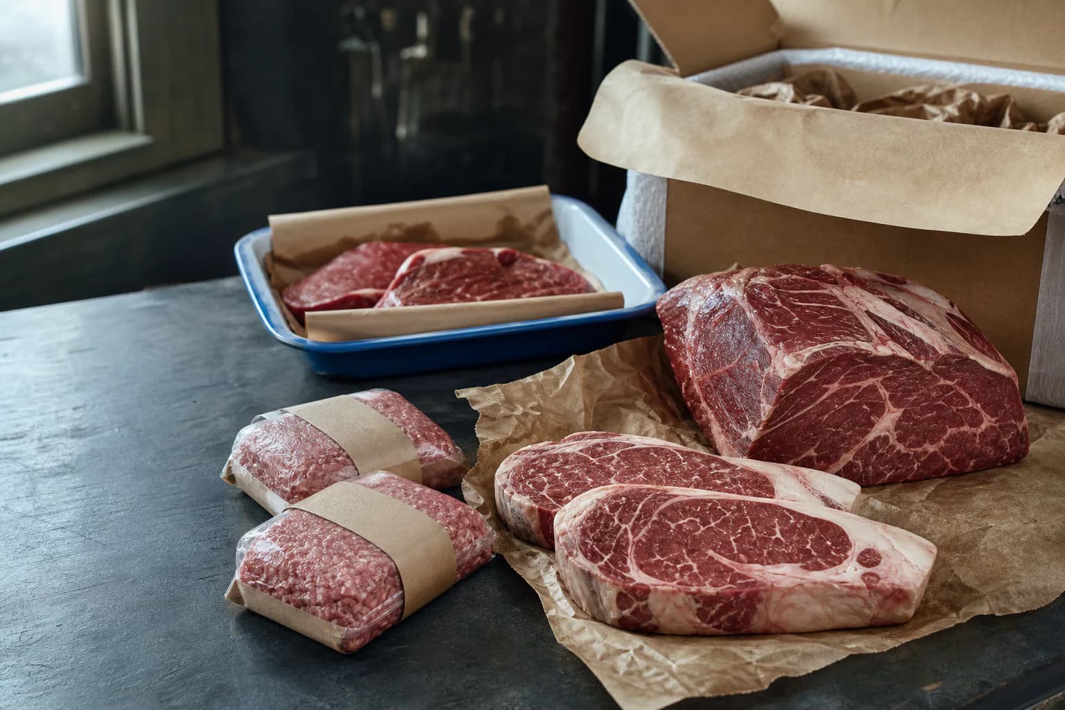 Ribeye steaks, ground beef, and a roast arranged for ranch-direct shipping